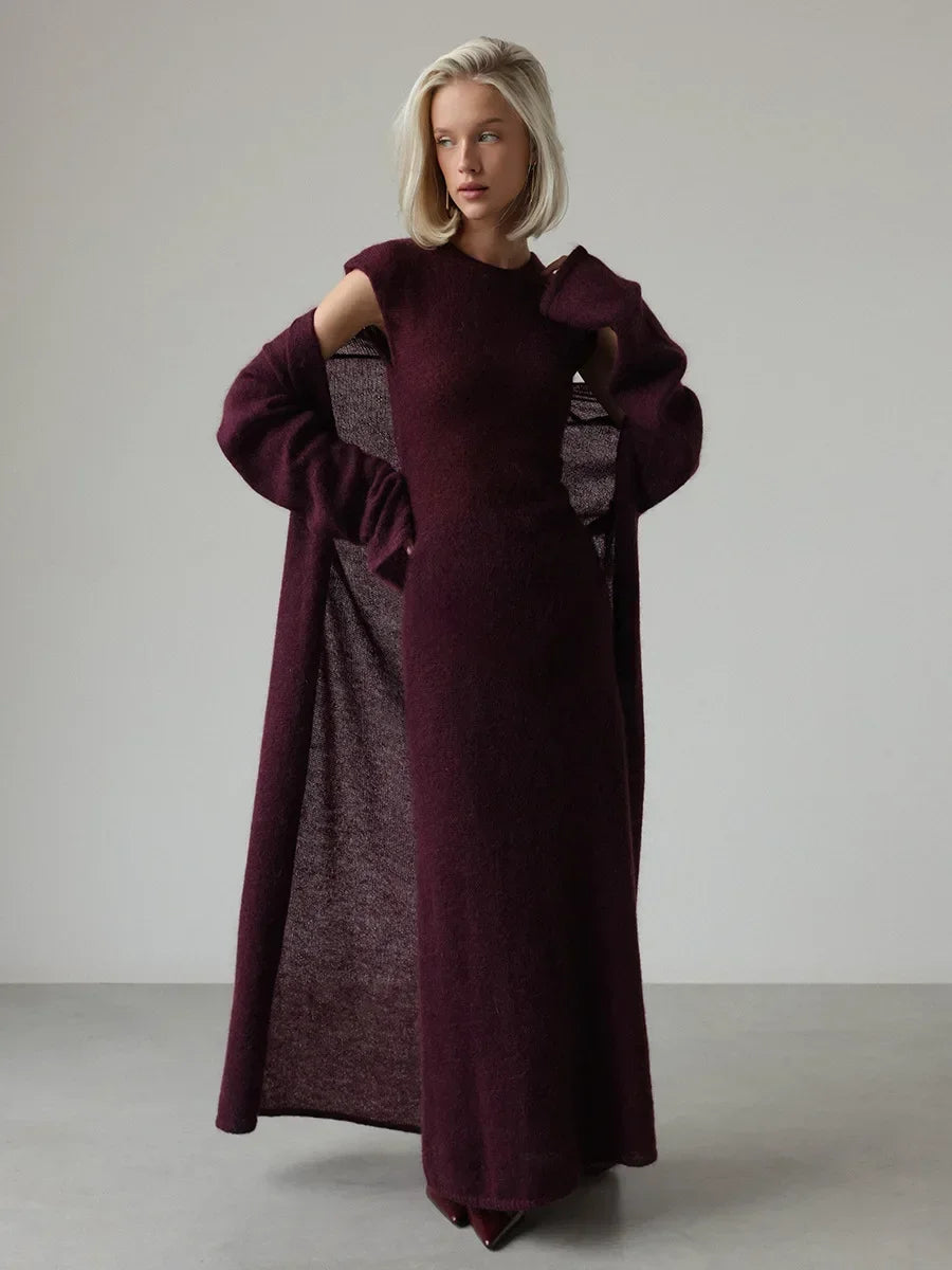 Blubelle Women's Elegant Casual Fashion 2-Piece Set Winter Trendy Relaxed Fit Maxi Length Sleeveless Dress Solid Color Knit