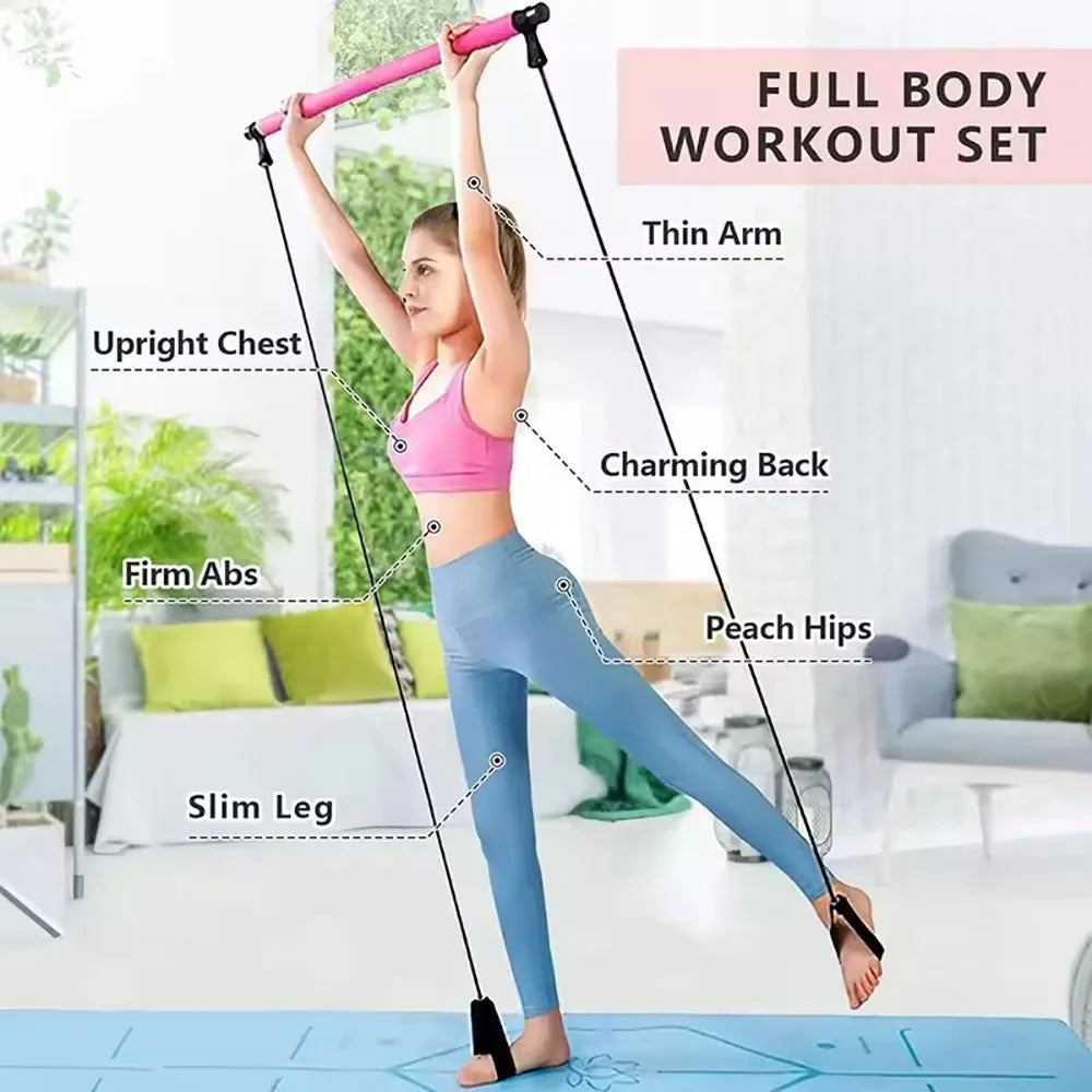 Pilates Stick, Adjustable Exercise Bar for Home Training, Yoga, Stretching & Toning, Portable Exercise Bar with Elastic Bands