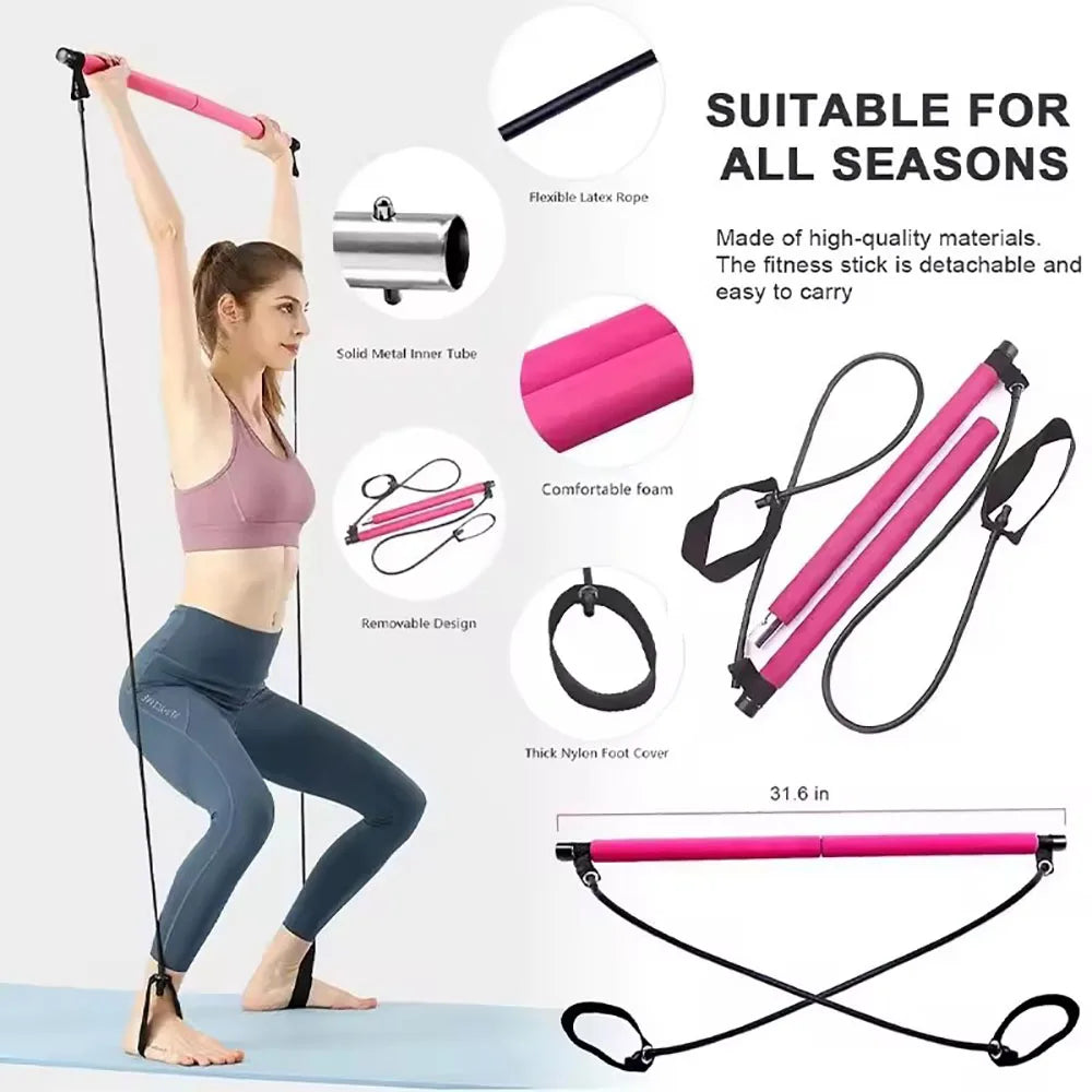 Pilates Stick, Adjustable Exercise Bar for Home Training, Yoga, Stretching & Toning, Portable Exercise Bar with Elastic Bands