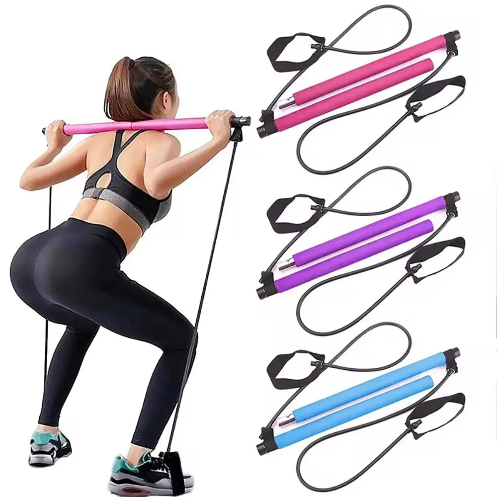 Pilates Stick, Adjustable Exercise Bar for Home Training, Yoga, Stretching & Toning, Portable Exercise Bar with Elastic Bands